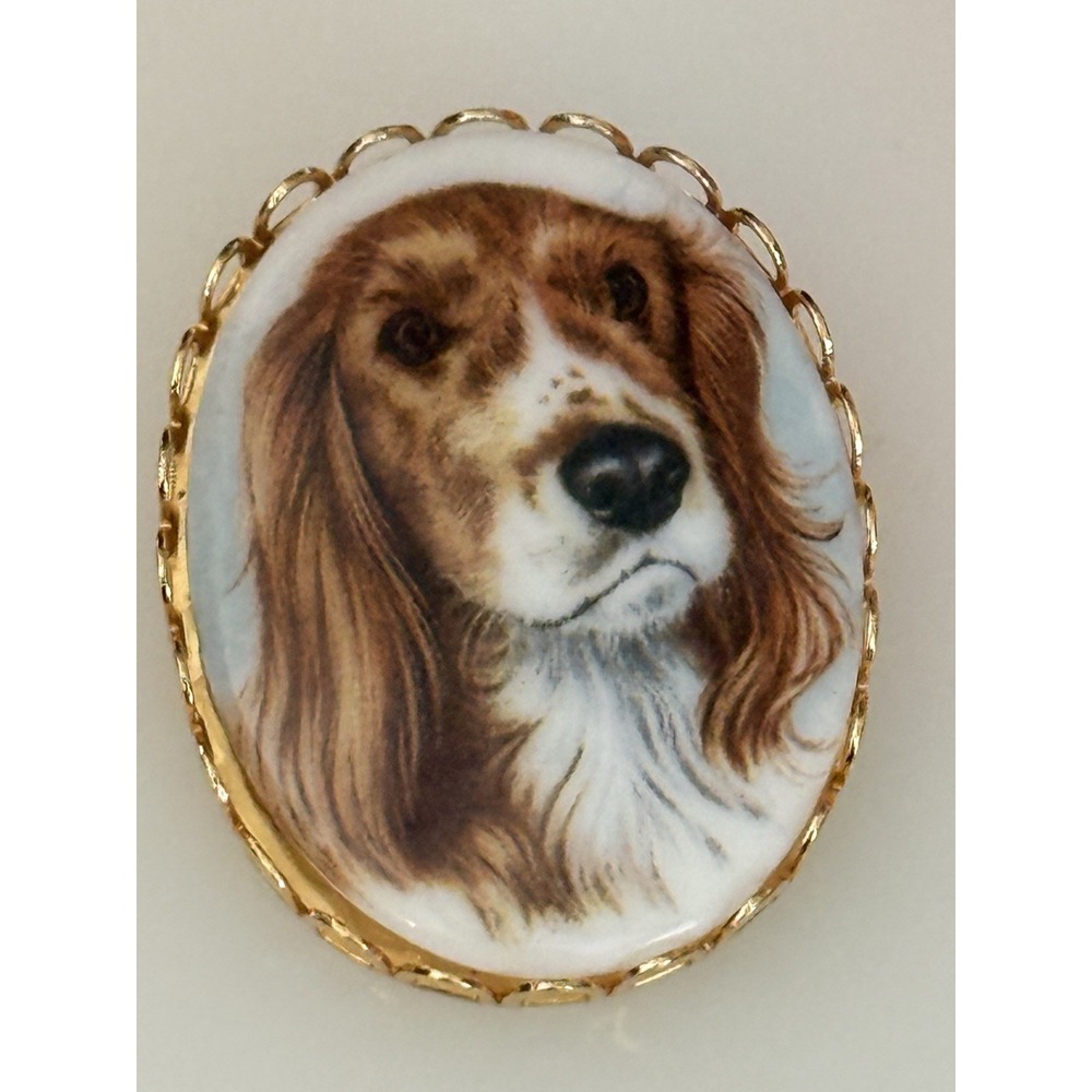 Vintage China or Porcelain Transfer Oval Pin Brooch Spaniel Hound Beagle NWOT‎ - Picture 10 of 15
